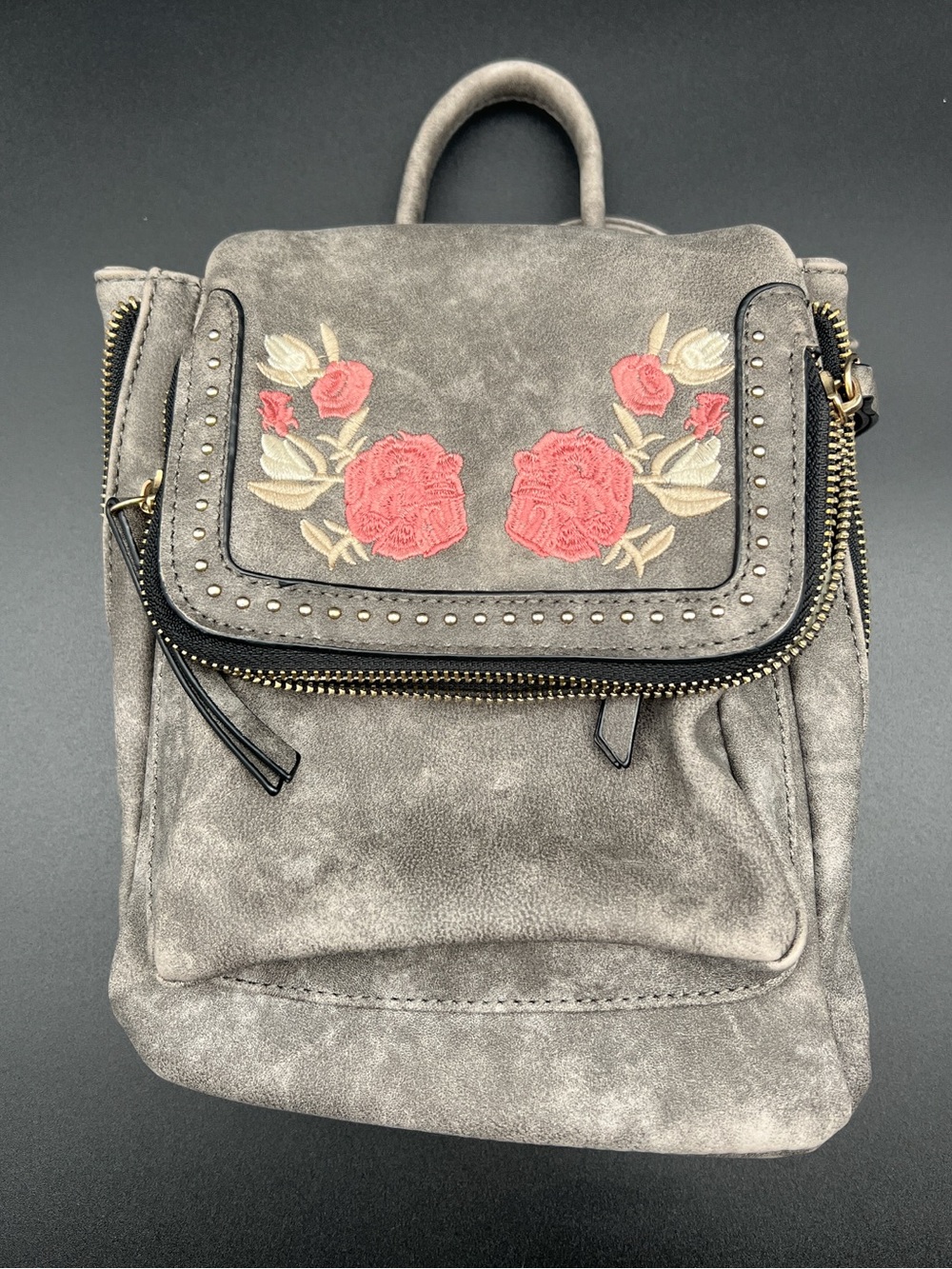 Gray Suede Backpack with Pink Rose Embroidery